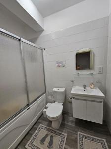a bathroom with a toilet and a sink and a shower at Kyrenia Turtle Village Sea Villa with Garden in Kérynia