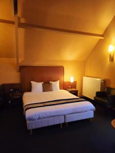a hotel room with a bed and a chair at Hotel De Notelaer in Bornem