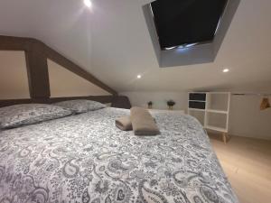 尼斯Le Virenque的一间卧室配有一张带枕头的床和一台电视