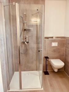 a bathroom with a shower and a toilet at Apartment-am-Burgberg, Harztor in Harztor