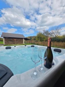 a bottle of wine and two glasses in a hot tub at Kuća za odmor Brlog in Otočac