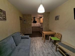 a living room with a blue couch and a kitchen at Apartament U Anny in Karpacz