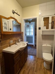 a bathroom with a sink and a toilet at Piliakalnio Apartmentai in Kupiškis