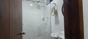 a bathroom with a shower and a toilet and a sink at Apto turístico a 5mn de la Basílica - Chiquinquirá in Chiquinquirá