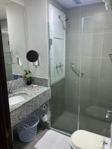 リオデジャネイロにあるSuíte completa, praias, shoppings e eventosのシャワー、洗面台、トイレ付きのバスルーム
