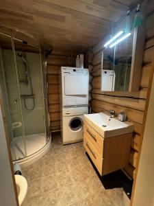 y baño con lavamanos y lavadora. en Dyrøy Holiday - Lodge with Jacuzzi, en Nordhus