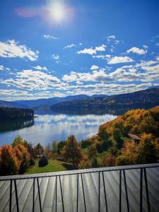 a view of a lake from a balcony at Moon Lake Bicaz - Casa Oia in Buhalniţa