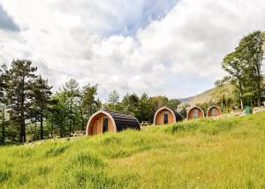 a row of wooden huts on a grassy hill at Lowside Farm Glamping in Troutbeck +12 photos