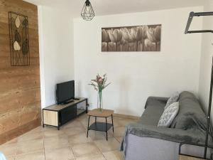 a living room with a couch and a tv at Joli appartement cozy in Mercury
