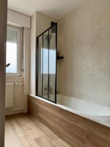 a bathroom with a tub and a glass shower at The Mandala Room in Thionville