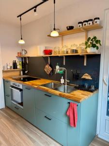 a kitchen with blue cabinets and a sink at The Mandala Room in Thionville +11 photos
