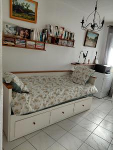 a bed in a bedroom with bookshelves at Douceur et cocooning in Bègles