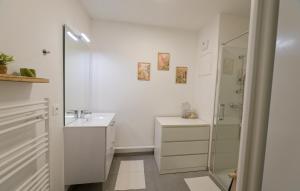 a white bathroom with a sink and a shower at Sarananda - apartment in Saint-Valery-sur-Somme