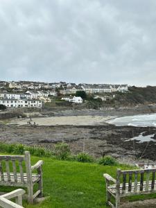 two benches sitting on the grass near the beach at Plume of Feathers in Porthscatho +18 photos