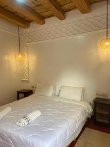 ブマルヌにあるHotel Atlas Gorge Dadesのベッドルーム1室(白い大型ベッド1台、照明2つ付)