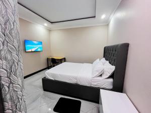 a small room with a bed and a tv at Palms & Pebbles Lodge in Lilongwe