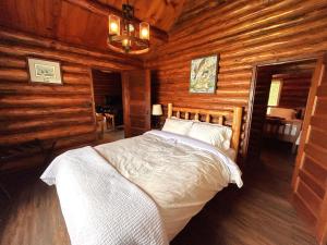 Un dormitorio con una cama en una cabaña de troncos en Lakeside Lodge, en Saint Ignace