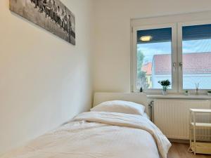 ゲラスドルフ・バイ・ウィーンにあるGER Studio Apartment with Free Parkingのベッドと窓のある白い寝室 +22枚の写真