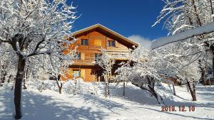 a log cabin in the snow with snow covered trees at Chambre d'Hôtes Barnabas in Saint-Martin-de-la-Porte