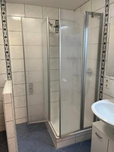 a shower with a glass door next to a sink at Ferienwohnung Biberach an der Riß in Biberach an der Riß