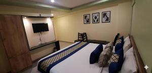 a bedroom with a bed with blue pillows and a television at Hotel SVA in Visakhapatnam