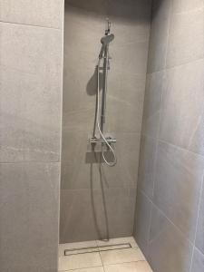 a shower stall with a shower head in a bathroom at Nieuw Studio 16 met uitzicht op Domburg in Aagtekerke