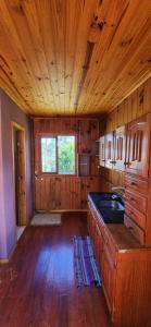 a kitchen with wooden walls and a wooden floor at Casa Pessegueiro in Urubici