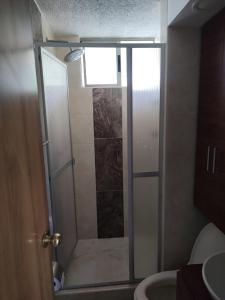 una doccia con una porta in vetro in un bagno di Yacaira inc a Ibagué Altre 11 foto