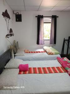 three beds in a room with avertisement at Ella Cool Air Cabana in Ella