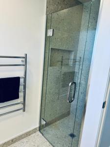 a shower with a glass door in a bathroom at Hiking Golf Skiing Lake Remarkables 7 Min Airport in Queenstown
