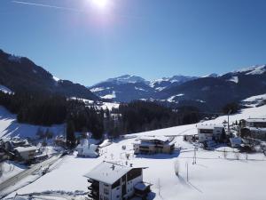 a snow covered mountain with houses on a ski slope at Ferienhaus Schlössl Wildschönau WILD446 in Dorf