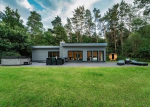 a modern house with a large yard at Ferienhaus Waldblick mit Whirlpool und Sauna in Hellwege