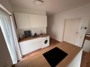 a kitchen with a washer and dryer in a room at Cozy Ground Floor Apartment in Lüssum +4 photos