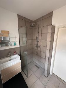 a bathroom with a shower and a sink at Cozy Ground Floor Apartment in Lüssum