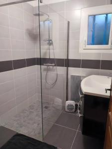 une salle de bain avec douche et lavabo dans l'établissement Maison proche Vaison la Romaine, à Saint-Romain-en-Viennois