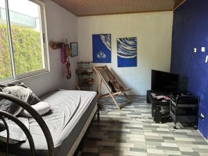 a bedroom with a bed and a window and a television at Chill House in San Antonio