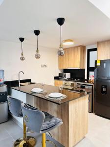 蓬塔卡纳Edificio Oasis Apartamento 108的厨房里设有2个盘子的柜台