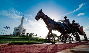 eine Statue eines Pferdes, das eine Kutsche zieht, vor dem Washington Monument in der Unterkunft apartamento moderno lo mejor de Santiago in Santiago de los Caballeros