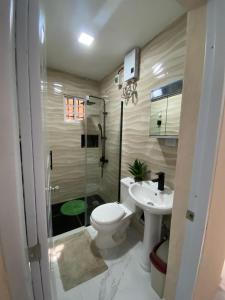 ein Badezimmer mit Toilette, Waschbecken und Dusche in der Unterkunft apartamento moderno lo mejor de Santiago in Santiago de los Caballeros + 49 Fotos