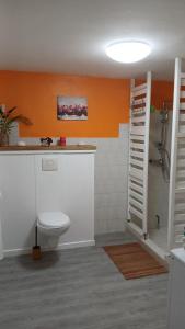 a bathroom with a toilet and a sink and a shower at Relaxing setting in harmony with nature in Le Moule