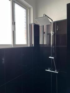 a bathroom with a shower with blue walls and a window at Stylish 3-bedroom flat in Funchal in Funchal