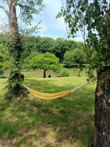 Prunay-CassereauにあるNomadeの公園の木にぶら下がっている黄色いハンモック