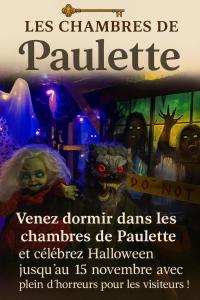 a poster for a halloween party with a group of dolls at Les Chambres de Paulette à Theme LA JUNGLE ROOM in Sainte-Marie-la-Mer