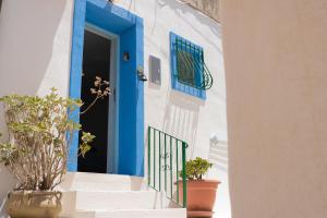 a blue door and stairs with potted plants at Relax nel Centro Storico in San Nicola Arcella