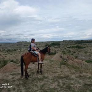 a woman riding a horse in the desert at Agencia Ecohuila in Villavieja
