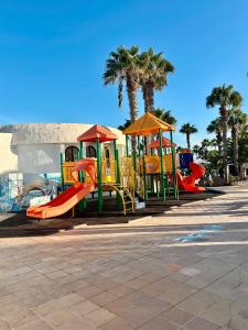 a row of playground equipment in a park with palm trees at Brisa Azul in Corralejo +5 photos