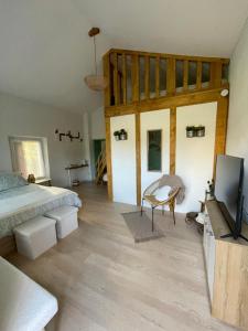 a bedroom with a bed and a flat screen tv at Chambre d hôte en Drôme des collines pour 2 à 4 personnes in Saint-Laurent-dʼOnay
