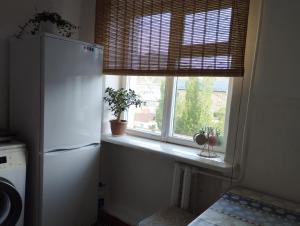 a kitchen with a white refrigerator and a window at DADOW Apartments in Naryn