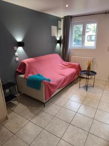 a bedroom with a bed with a pink blanket at La randonnée des vignobles in Essômes-sur-Marne