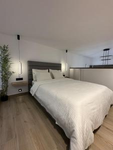 een slaapkamer met een groot wit bed en een plant bij TrikalaBnB - Prime Loft 2 in Tríkala